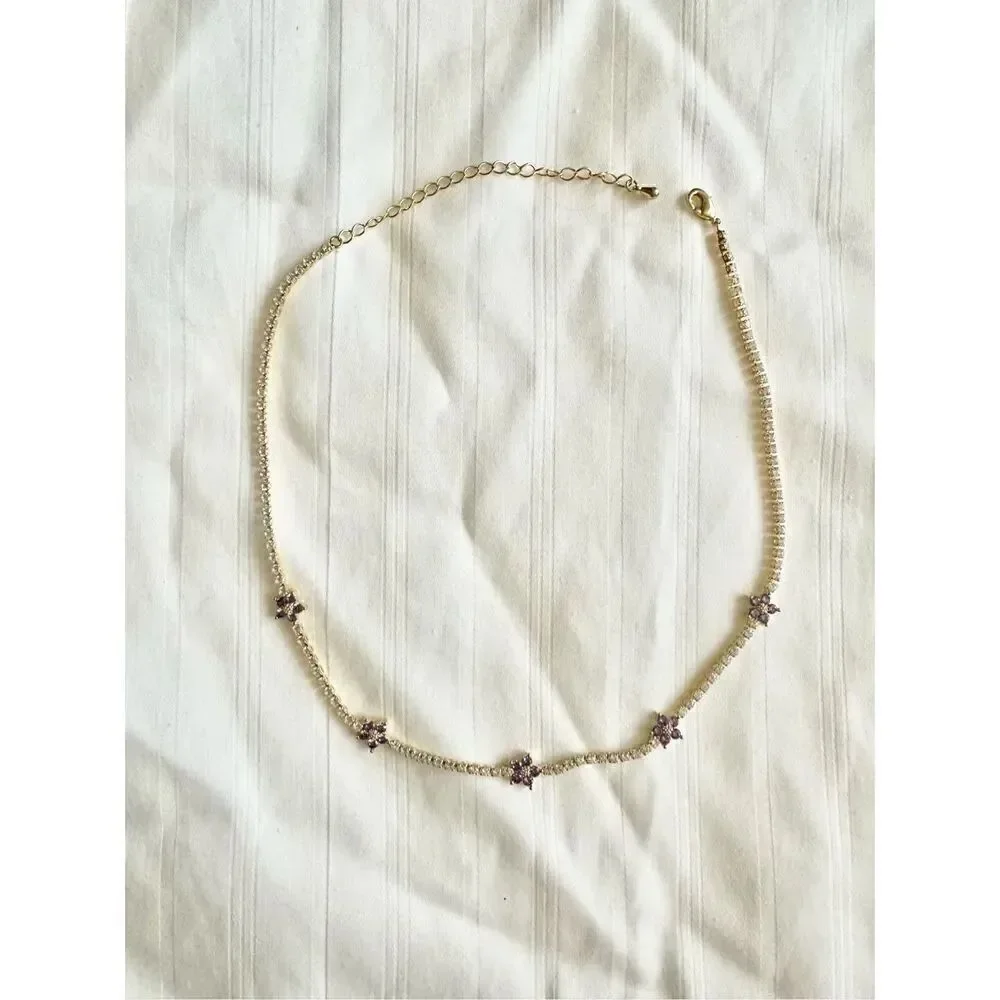 Light purple flower sparkly cubic zirconia tennis necklace